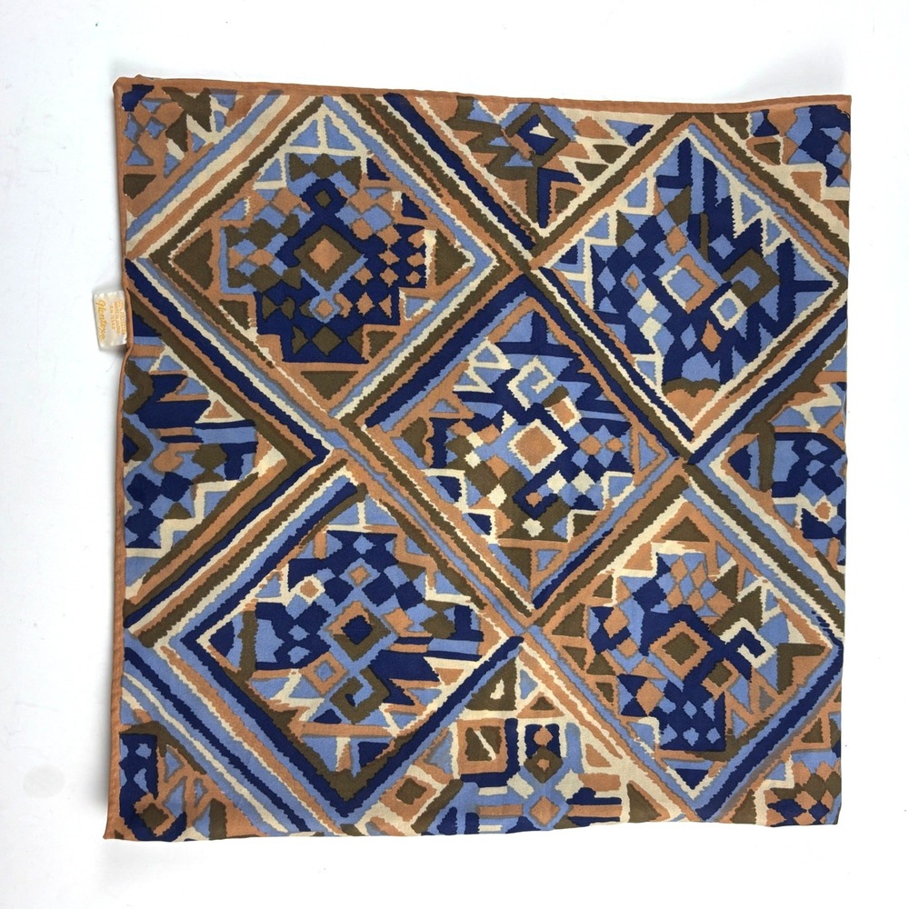 Vtg Glentex Scarf Womens Blue Tan Geometric Diamond Made Japan Retro Mod
